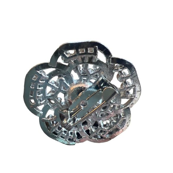Shiny Faux Pearls Rhinestones Floral Shape Pin Small Brooch Silver Tone - Picture 3 of 8